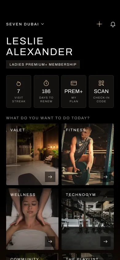 SEVEN+ app: home screen with visit streak and club areas
