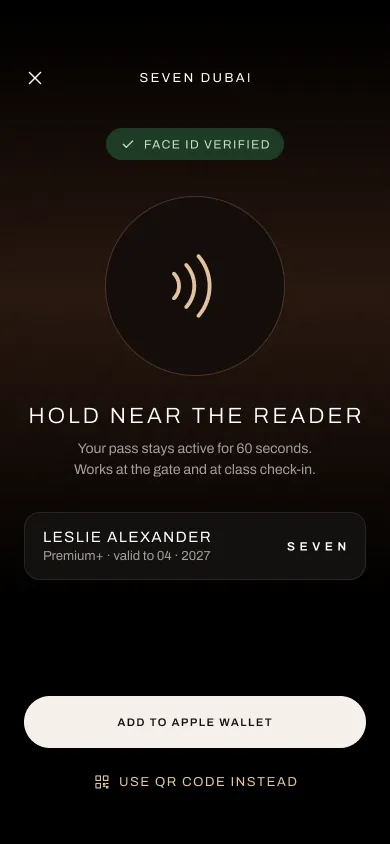 SEVEN+ app: digital pass ready to hold near the reader