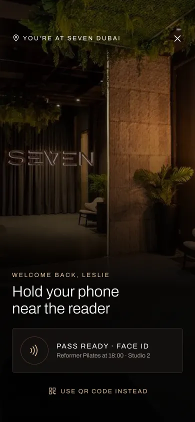 SEVEN+ app: arrival screen with the pass ready for check-in