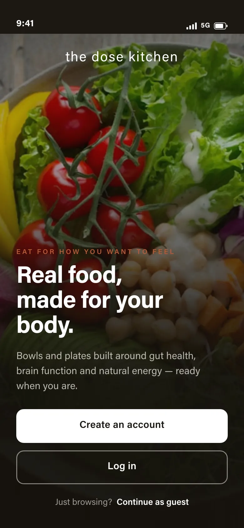 The Dose Kitchen app: welcome screen