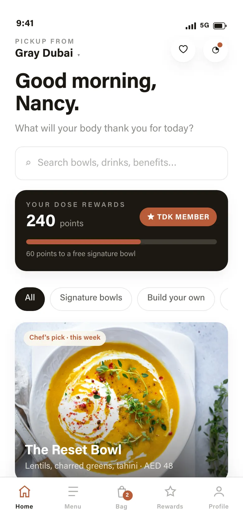 The Dose Kitchen app: home screen with rewards and menu