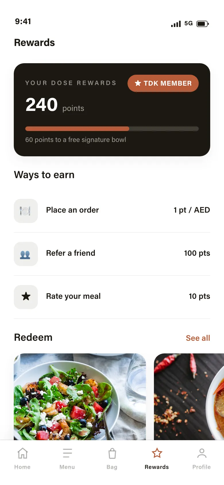 The Dose Kitchen app: rewards screen with ways to earn