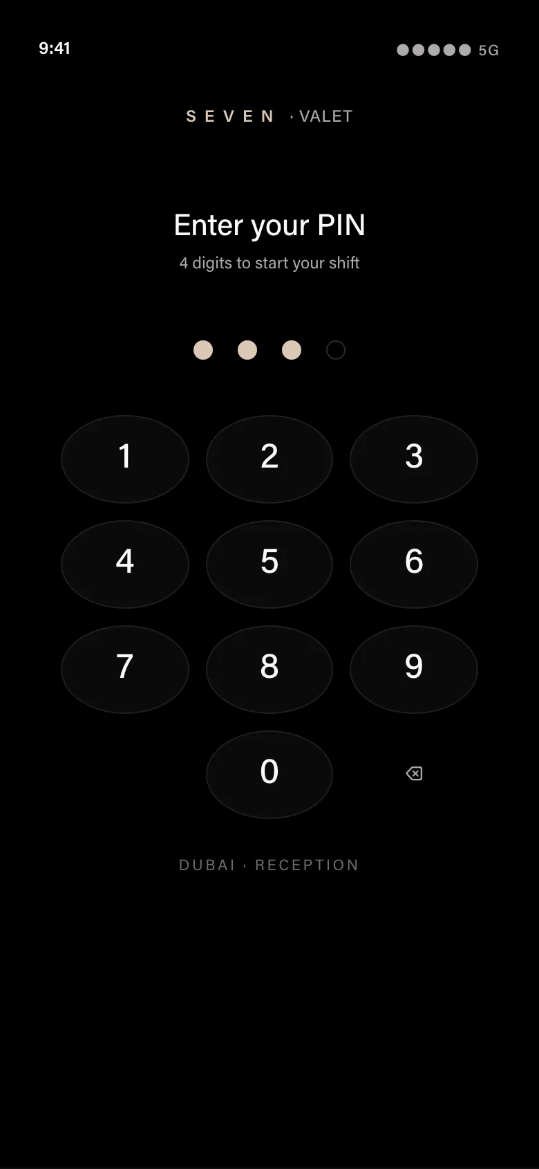 SEVEN Valet app: PIN unlock screen to start a shift