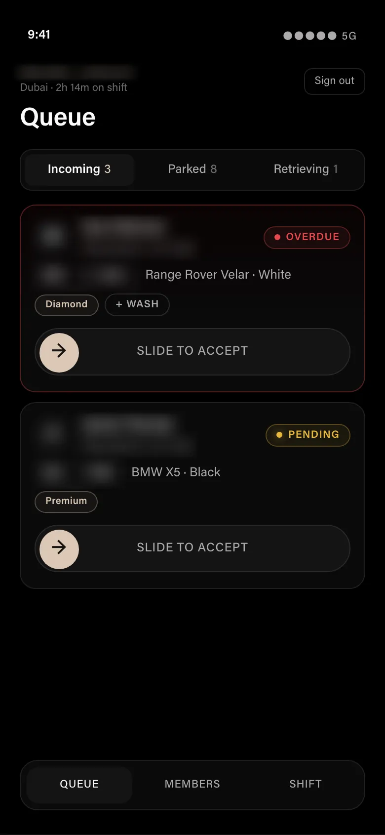 SEVEN Valet app: driver queue of incoming car requests, names and plates blurred